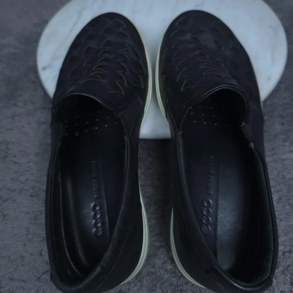 ECCO Shoes Womens Size 5 Black Leather Woven Slip On Casual Comfort 43045301001